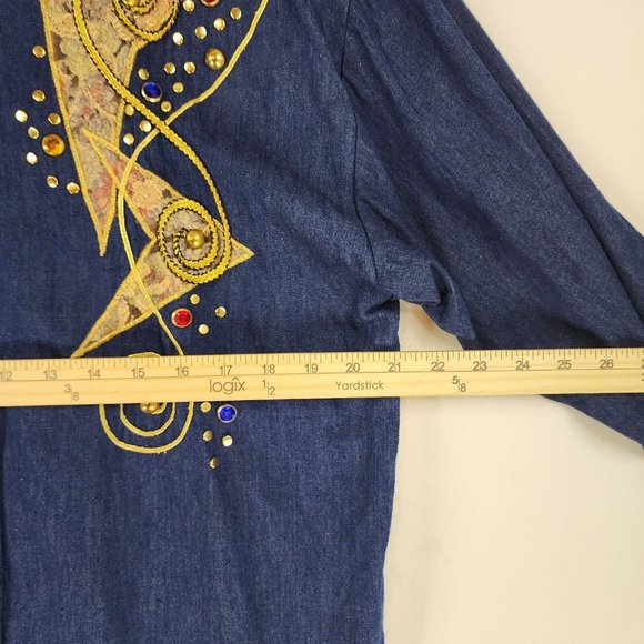Info USA Jean Shirt Womens Large Blue Denim 90s Bejeweled Embroidered Button Up - Picture 4 of 10